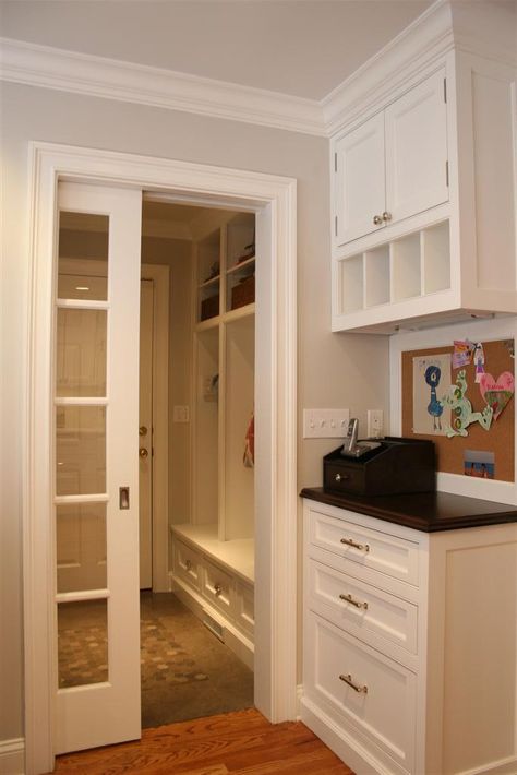 use pocket door to save space Mudroom With Pocket Door, Modern Pocket Doors, Mudd Room, Pocket Door Frame, Beach Interior Design, Small Kids Room, Interior Exterior Doors, Doors Design, Sliding Pocket Doors