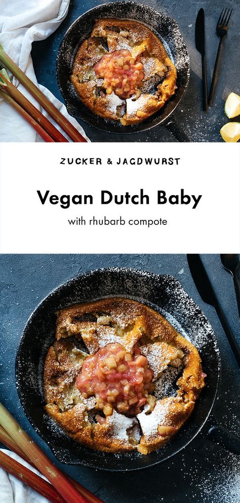 Fluffy, Vegan Dutch Baby in a cast iron #recipe #pancake #dairyfree #healthy Fluffy Food, Whole Plant Based Diet, Dutch Baby Recipe, Baby Cast, Rhubarb Compote, Foods With Iron, Vegan Baby, Vegan Pancakes, Food Baby