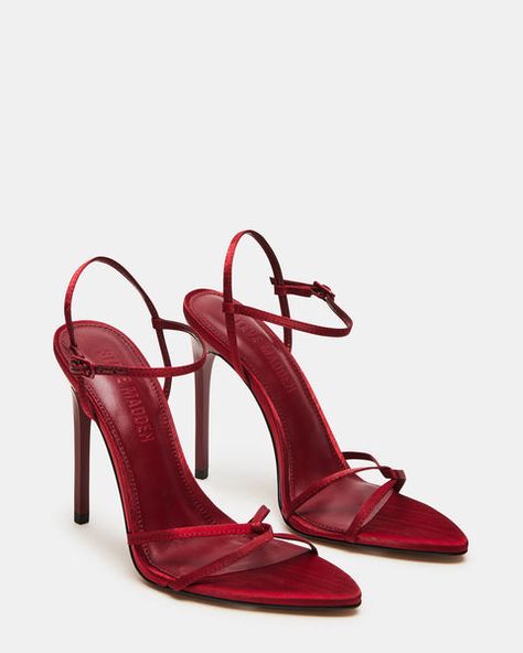 STELLINA Red Satin Dainty Strappy Pointed Toe Heel | Women's Heels – Steve Madden Dark Red Strappy Heels, Red Pointed Heels, Red Formal Shoes, Trend Heels, Red Satin Heels, Red Strappy Heels, Red Stiletto Heels, Wife Style, Dope Clothes