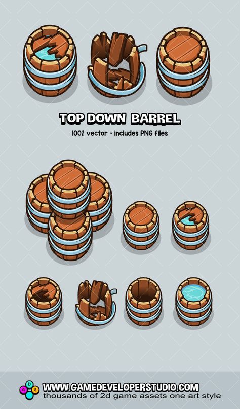 2D top down barrels game assets 2d Top Down Game Art, 2d Game Assets, Top Down Game Art, Video Game Assets, Game Environment Art, Top Down Game, Restaurant Game, Idle Game, Free Characters