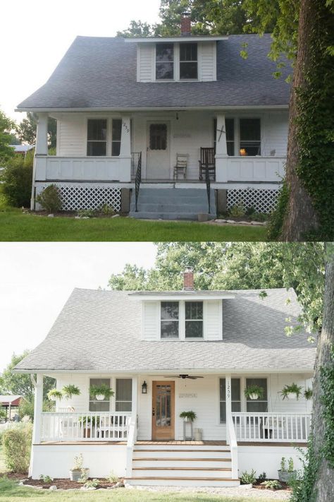 curb appeal to old farmhouse porch. Farmhouse porch exterior makeover #farmhouseporch #farmhousedecor #farmhouse Exterior Curb Appeal, Farmhouse Style Exterior, Porch Exterior, House Makeovers, Porch Makeover, Home Exterior Makeover, Exterior Renovation, Farmhouse Remodel, Farmhouse Porch