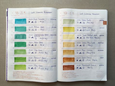 Schmincke Horadam, Color Mixing Chart, Hobonichi Planner, Hobonichi Cousin, Watercolor Mixing, Hobonichi Techo, Watercolor Sketchbook, Watercolor Palette, Green Watercolor