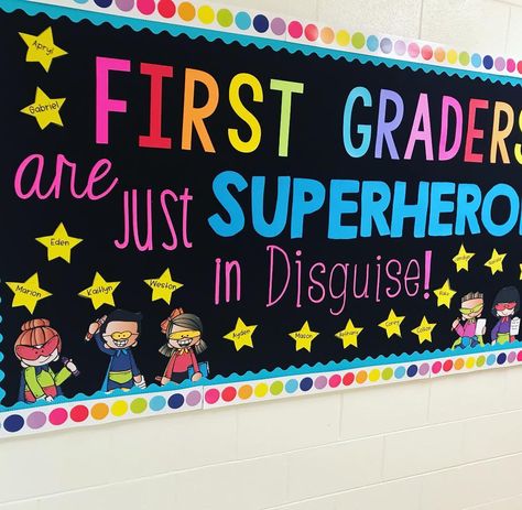 @schoolgirlstyle ‘s border totally completed this bulletin board! Excited to have it ready for my next group of students! Superhero Bulletin Boards, Kindergarten Goals, Mall Ideas, Kids Bulletin Boards, Superhero Ideas, Bulletin Boards Theme, Superhero Classroom Theme, Classroom Boards, Board Classroom