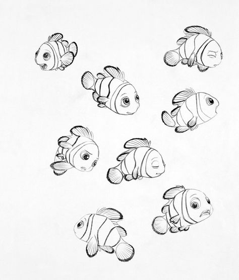 Nemo Fish Tattoo, Nemo Fish Cartoon, Nemo Sketch, Nemo Illustration, Pixar Sketches, Nemo Fish, Cartoon Drawings Disney, Cartoon Drawing Tutorial, Cartoon Fish