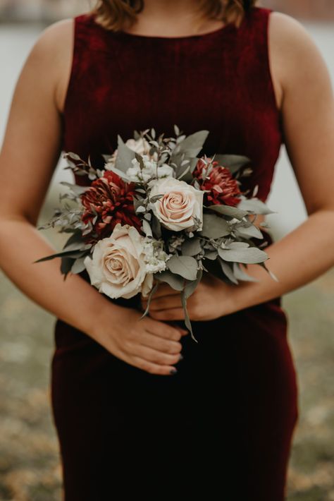 Small Bridesmaid Bouquet Burgundy, Bridesmaid Bouquet For Burgundy Dresses, Simple Bridesmaid Bouquets Burgundy, Small Burgundy Bouquet, Burgundy Wedding Bouquet Bridesmaid, Maroon Wedding Flowers Bouquets, Maroon Bride Bouquet, Burgundy Bridesmaid Flowers, Simple Bridesmaid Bouquets Winter