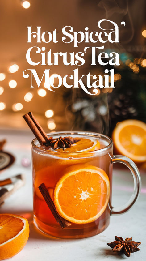 "Warm up your winter with this delightful Hot Spiced Citrus Tea Mocktail  Recipe! Perfect for cozy gatherings, this non-alcoholic beverage combines  zesty citrus flavors with aromatic spices, making it one of the best  mocktail recipes for the season. Enjoy a comforting cup of this winter  drink that’s not only refreshing but also easy to prepare. Discover more  citrus tea recipes and elevate your cozy drink ideas today!" Hot Orange Drink, Non Alcoholic Hot Drinks, Hot Drink Mocktails, Hot Tea Cocktails, Warm Christmas Drinks Nonalcoholic, Hot Christmas Drinks Nonalcoholic, Winter Drinks Nonalcoholic, Warm Drinks For Winter, Citrus Tea Recipe