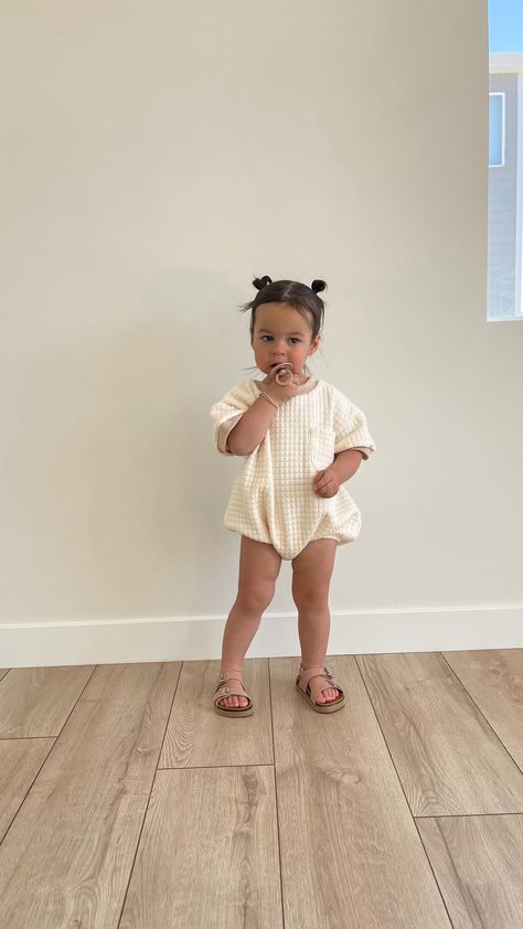 Toddler Romper Outfit, Thrifted Toddler Outfits, Bubble Romper Baby Girl, Toddlers In Overalls, Toddler Girl Romper, Rebecca Davis, Toddler Summer, Toddler Romper, Middle Parts