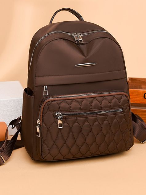 Brown Fashionable Collar  Nylon Quilted Functional Backpack Embellished   Women Bags Stylish Bags For Women, School Bag Design, Fancy Clutch Purse, Classy Purses, Trending Handbags, Tas Mini, Backpack Design, Stylish School Bags, Women Backpack Fashion