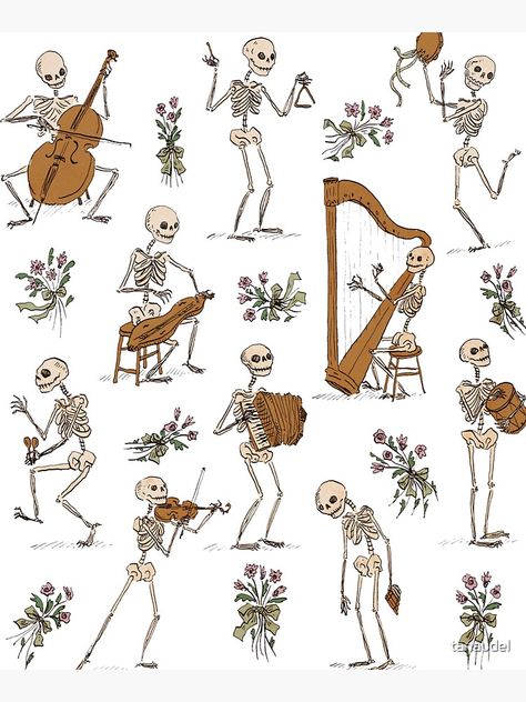 Skeleton Playing Violin Tattoo, Singing Skeleton Tattoo, Skeletons Playing Instruments, Folk Art Skeleton, Skeleton Music Tattoo, Orchestra Tattoo, Skeleton Playing Violin, Cute Skeleton Tattoo, Voodoo Pirate