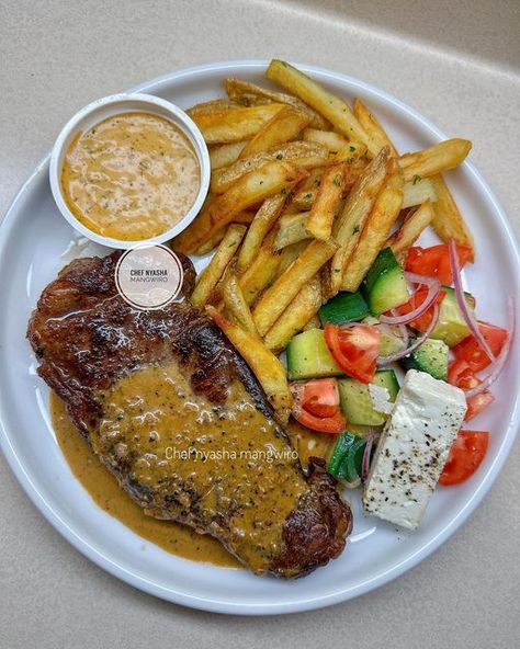 Steak Mushroom Sauce, Steak And Chips, Homemade Chipotle, Homemade Fries, Ny Strip Steak, Peppercorn Sauce, Steak And Mushrooms, Ny Strip, Steak Fries