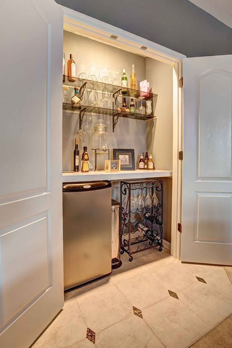 Convert  a closet in your bonus room! Perfect for a wet bar- You can do this! Closet Snack Bar Ideas, Closet Room Small, Closet To Bar Conversion, Closet To Coffee Bar, Closet Turned Into Bar, Bar In Closet, Closet Wet Bar, Coffee Closet, Small Bar Ideas