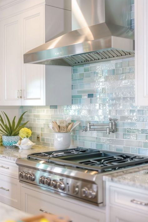 37 Kitchen Backsplash Ideas to Transform Your Cooking Space - Days Inspired Coastal Kitchen Backsplash Ideas, Beach House Decor Kitchen, Coastal Kitchen Backsplash, Blue Backsplash Kitchen, Coastal Kitchens, Beach House Coastal, Decor Kitchen Ideas, Coastal Kitchen Decor, House Coastal