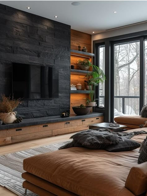 Wood Black And Grey Living Room, Black Stone Wall Living Room, Tv Dark Wall, Dark Wood Aesthetic Living Room, Dark Wall In Living Room, Dark Cozy Interior Design, Black Wall Tv Living Room, Black And Wooden Living Room, Dark Living Room Decor Ideas