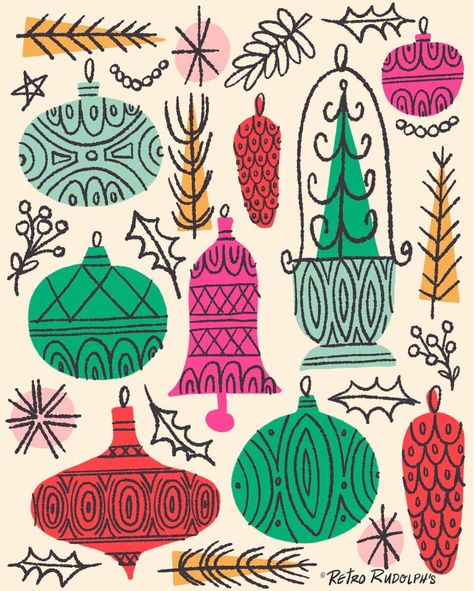 Retro Christmas Pattern, Mid Century Christmas Cards, Retro Christmas Design, Mid Century Christmas Illustration, Xmas Illustration Design, Mid Century Modern Illustration, Mid Century Ornaments, Vintage Baubles, Ornaments Painted