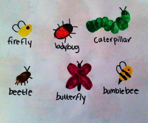 For insect themed week make fingerprint bugs so they can learn about some many other kinda they might not have seen before Fingerprint Bugs, Thumbprint Art, Insects Preschool, Bugs Preschool, Toddler Lessons, Insect Crafts, Fingerprint Art, Insects Theme, Bug Crafts