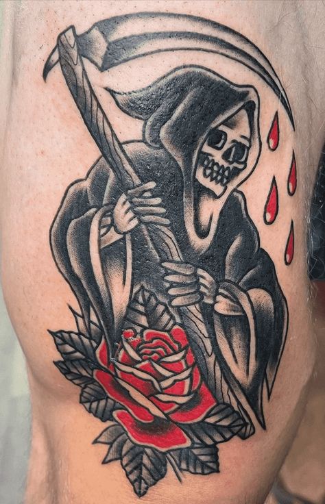 Grim Reaper American Traditional Tattoo, Neo Trad Grim Reaper, Grim Reaper Tattoo Ideas, Reaper Tattoo Ideas, Grim Reaper Tattoo, Reaper Tattoo, Traditional Style Tattoo, Pretty Tattoos For Women, Young Blood