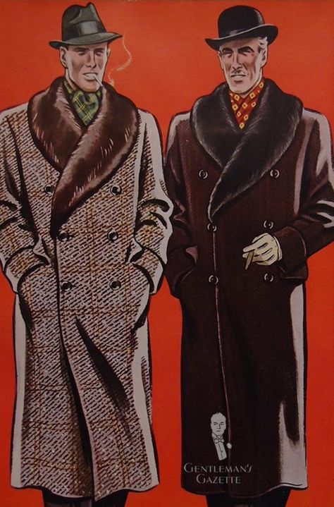 Ulster inspired overcoats with fur shawl collars for men paired with silk scarves from 1937.   My favorite online style guide: #GentlemansGazette 1930s Mens Fashion, Men's Fashion Illustration, 1930s Men, Man's Overcoat, 1930 Fashion, Mens Overcoat, Men Coat, Fashion Illustration Vintage, 30s Fashion