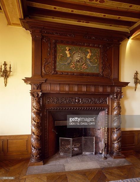 Gothic Castle Interior, Gothic Fireplace, Manor Interior, France Chateau, Wooden Fireplace, Castle Decor, Victorian Fireplace, Old Fireplace, Home Library Design