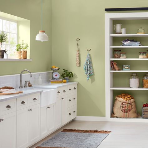 The trendy shades you’re about to see everywhere. Kitchen Color Ideas, Patterned Tile Backsplash, Paint For Kitchen Walls, Paint Trends, Kitchen Wall Colors, Kitchen Paint Colors, Green Walls, Best Paint Colors, Office Colors