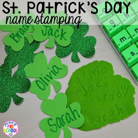 St. Patrick's Day name writing activity using letter stamps and play dough plus FREE ten frame shamrock cards for preschool, pre-k, and kindergarten. Name Writing Activities, Pocket Of Preschool, Alphabet Letter Activities, March Themes, March Activities, St Patrick Day Activities, Preschool Fine Motor, Name Activities, Spring Preschool