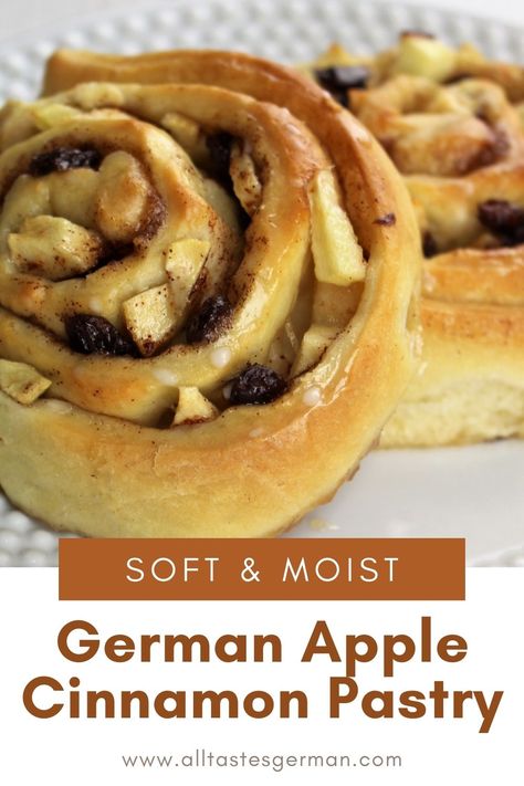 Apple cinnamon rolls on a white plate German Cinnamon Rolls, Cinnamon Rolls With Apples, German Cusine, Germany Recipes, Cinnamon Pastry, German Pastries, Apple Cinnamon Recipes, Apple Pastry, German Bread