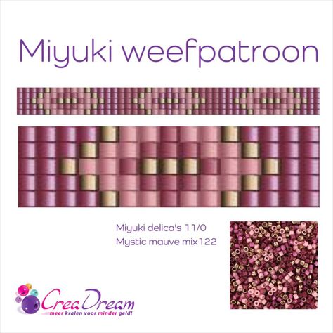 Miyuki delica 11/0 weefpratoon mystic mauve mix 122.
Deze leuke armband kun je maken op een weefraam. Miyuki Bracelet, Bead Loom, Loom Beading, Arm Band, Loom, Beads, Instagram