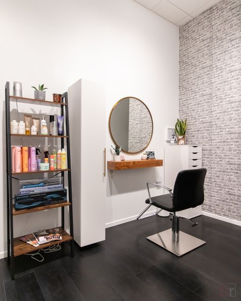 Simple Salon Station Ideas, Floating Shelves Salon Station, Small Salon Suite Storage Ideas, Salon Room In Home, Private Salon Suite, In Home Salon Ideas Small Spaces, At Home Hair Salon, Salon Suite Ideas, Mini Salon Ideas