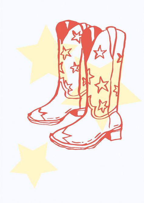 Star Cowboy Boot Poster Design in Red, Yellow and Blue Aesthetic Wallpaper Cowboy Poster Aesthetic, Blue Western Aesthetic Wallpaper, Red Cowboy Boot Tattoo, Cowboy Boot Poster, Cowboy Boot Aesthetic, Cowboy Aesthetic Wallpaper, Cowboy Boot Illustration, Cowboy Boots Poster, Design Aesthetic Wallpaper