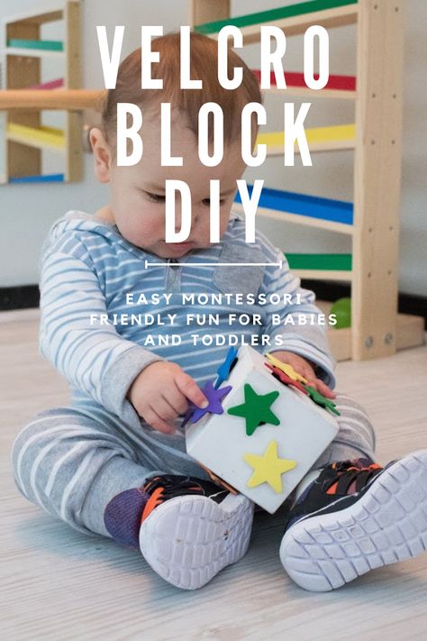 This simple Montessori friendly toddler toy is an easy DIY. This velcro block helps to encourage fine motor skills and concentration. This simple toy is a great addition to your home for babies and younger toddlers. Montessori Toddler Classroom, Montessori Baby Activities, 12 Month Toys, Diy Sensory Toys, Diy Montessori, Family Child Care, Toddler Classroom, Diy Blocks, Simple Toys