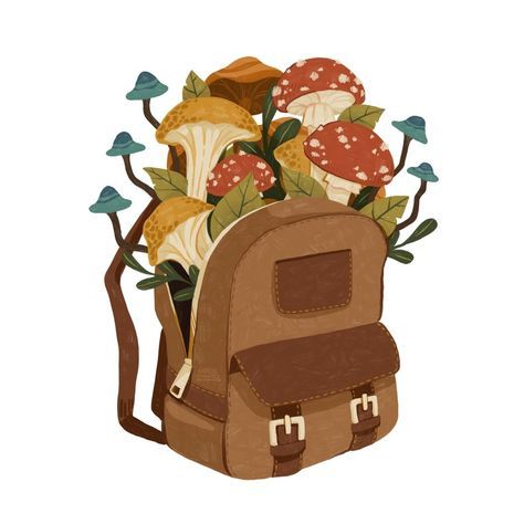 Mushroom Backpack, Woodland Aesthetic, Backpack Drawing, Witch School, Concerning Hobbits, Cottagecore Art, House Art, Arte Sketchbook, Mushroom Art