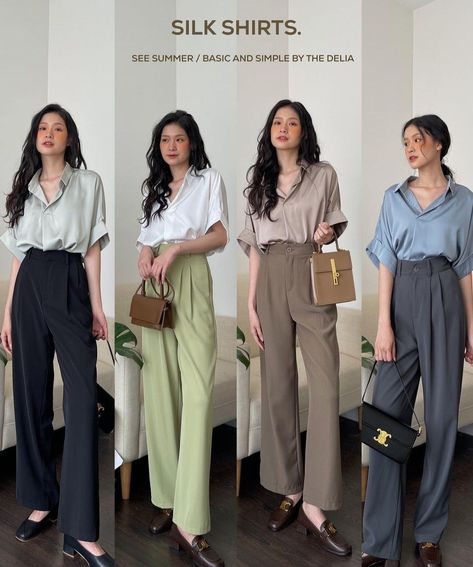 Women Office Outfits, Smart Casual Women Outfits, Neat Casual Outfits, Smart Casual Women, Casual Work Outfits Women, Smart Casual Work Outfit, Silk Shirts, Corporate Attire, Office Outfits Women