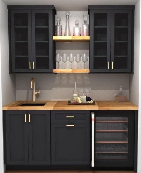 Small Wet Bar With Ice Maker, Mini Bar With Sink And Fridge, Basement Bar With Wallpaper, Wet Bar Upper Cabinets, Black Cabinets Bar Area, Wet Bar Transformation, Modern Beverage Station, In Wall Bar Built Ins, Mini Bar In Basement