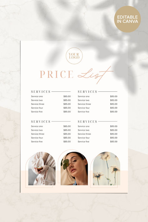 Beautiful minimalist price list Canva template for beauty service based businesses. This printable sign features a clean modern design with arches and aesthetic images in a neutral and muted colour palette. Also includes a 2 page Instagram Story template to post in your Highlights! The perfect contemporary pricing flyer for your business. Small Business Signs, Muted Colour, Small Business Resources, Muted Color Palette, Service Based Business, Beauty Services, Business Resources, Instagram Story Template, Business Signs