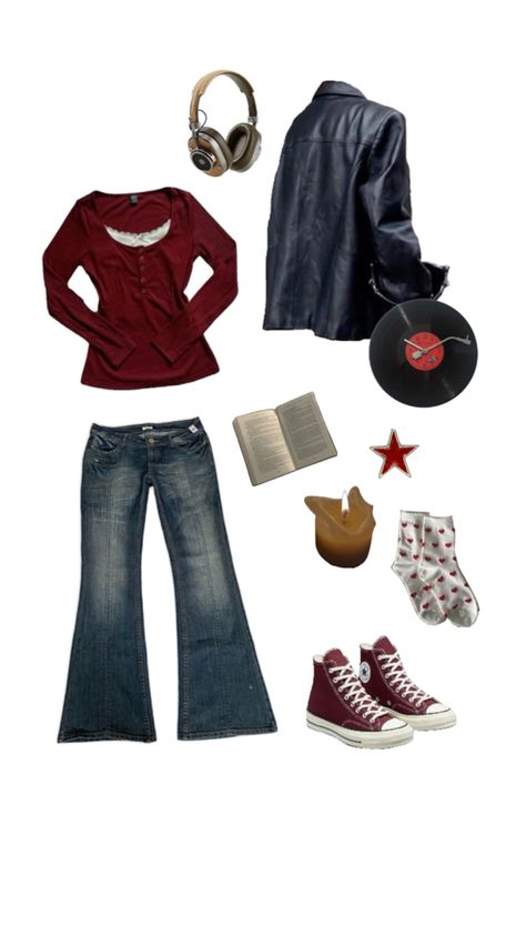 downtown girl outfit inspo, dark red, converse, autumn, candles, flared jeans, headphones aesthetic, fall, autumn outfit inspo, fall outfit inspo, records, leather jacket aesthetic Dark Flare Jeans Outfit, Flare Jeans Aesthetic, Flare Jeans Outfit Aesthetic, Outfit With Flare Jeans, Dark Red Converse, Flared Jeans Outfit Fall, Outfit Inspo Dark, Flare Jeans Fall, Leather Jacket Aesthetic