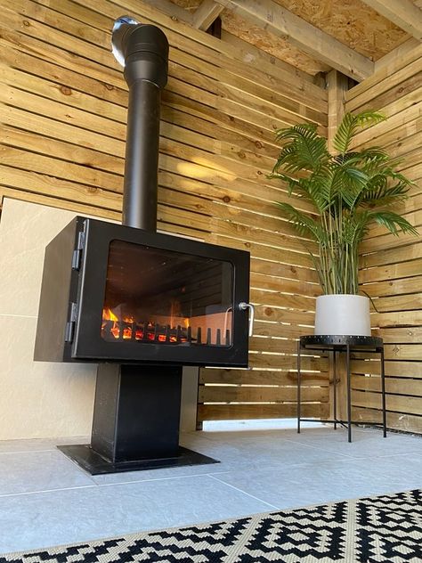 Stoves for summerhouses and log cabins - Nationwide Installation Garden Wood Burner, Garden Fireplace, Small Stove, Gas Patio Heater, Outdoor Stove, Patio Fireplace, Log Burner, Outdoor Setting, Wood Burner