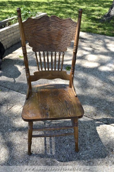 Attempted Dining Chair Makeover (DIY Fail) Painting Wood Dining Chairs, Refurbish Wooden Chair, Oak Pressed Back Chairs Makeover, Pressed Back Chairs Makeover, Press Back Chair Makeover, Repurposed Wooden Chairs, Pressback Chair Makeover, Oak Chair Makeover, Refinished Dining Chairs