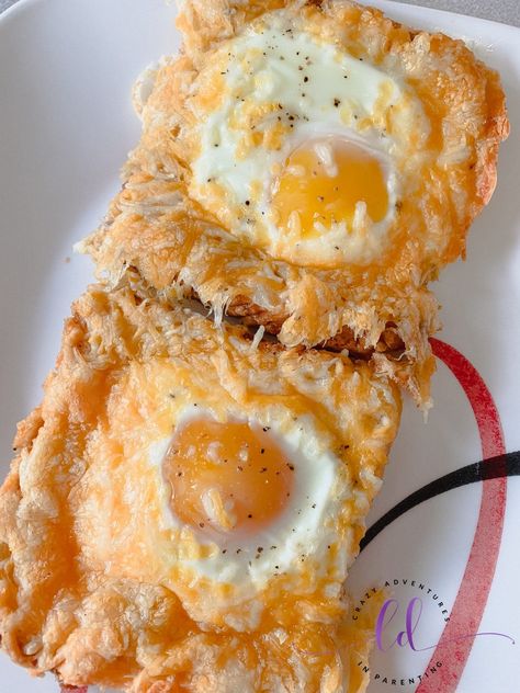 Plate of Sheet Pan Cheesy Baked Egg Toast Eggs Over Easy, Toast For Breakfast, Egg In A Hole, Cheesy Eggs, Baked Egg, Egg Toast, Breakfast Toast, Breakfast Recipes Casserole, Baked Eggs