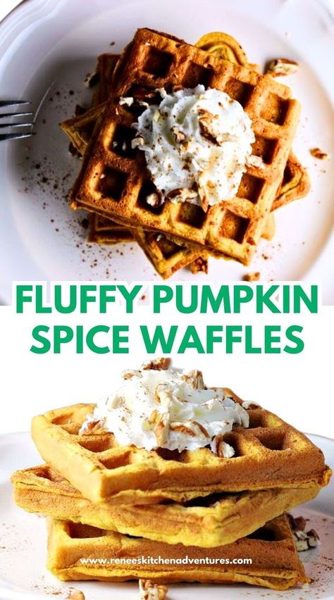 2 photos of fluffy pumpkin spice waffles ready to eat and topped with whipped cream and pecans Pumpkin Waffles Recipe, Pumpkin Spice Waffles, Waffle Maker Recipes, Pumpkin Waffles, Fall Breakfast, Mood Food, Fall Spices, Pumpkin Flavor, Dairy Free Options