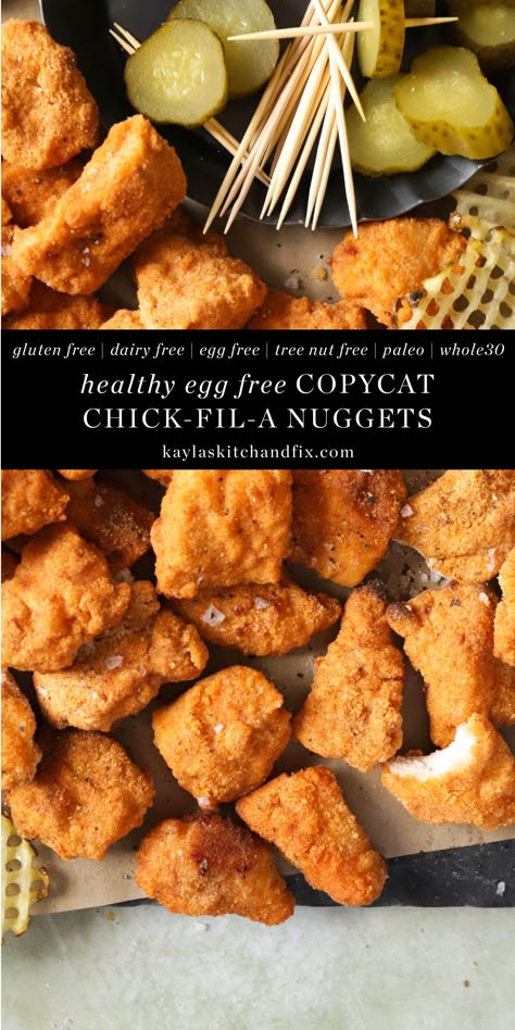 These Chick-fil-A inspired gluten free Oven Baked Chicken Nuggets are made from all real food ingredients and without any egg! The coating ACTUALLY sticks to your chicken despite being gluten free and is sure to be loved by even your most picky eater. Trust me, my fast food loving dad LOVES this recipe! Oven Baked Chicken Nuggets, Egg Free Paleo, Gluten Free Chicken Nuggets, Baked Chicken Nuggets, Homemade Chicken Nuggets, Chicken Nugget Recipes, Gluten Free Kids, Nuggets Recipe, Dairy Free Dinner