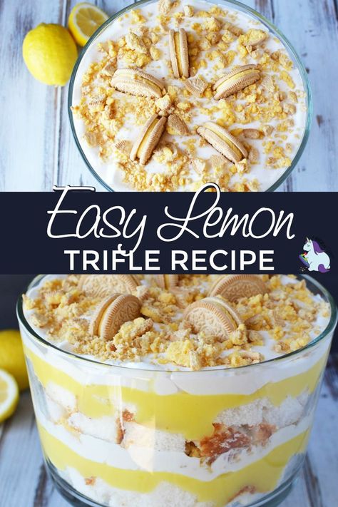 Light & Lucious Easy Lemon Trifle Recipe | A Magical Mess Angel Food Cake Parfait, Parfait Trifle, Lemon Oreos, Lemon Oreo, Lemon Trifle, Oreo Trifle, Trifle Bowl Recipes, Recipe Using Lemons, Trifle Dessert Recipes