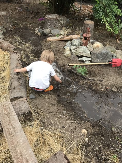 Mud pit Mud Pit Ideas Outdoor Play, Dirt Pit For Kids Outdoor Play, Montessori Backyard, Nature Playscape, Natural Outdoor Playground, Natural Play Spaces, Outdoor Learning Spaces, Outdoor Play Spaces, Kids Mud