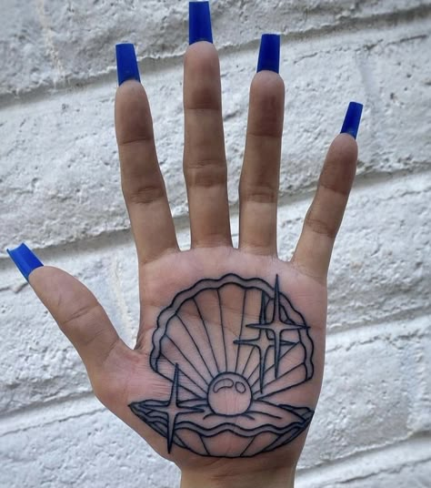 Inner Hand Tattoos For Women, Hysteria Tattoo, Hand Tattoos Traditional, Traditional Hand Tattoos, Clam Shell With Pearl, Cuticle Tattoos, Hand Palm Tattoos, Armpit Tattoo, Traditional Tattoo Outline