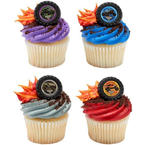 Monster Jam Car Crushing Cupcake Rings | DecoPac Cupcake Monster Truck, Monster Jam Birthday Cupcakes, Monster Jam Birthday Party Decoration, Monster Truck Cupcakes Ideas, Monster Truck Birthday Cupcakes, Monster Jam Cupcakes, Hot Wheels Cupcakes Ideas, Monster Truck Cupcake Cake, Monster Jam Birthday Cake