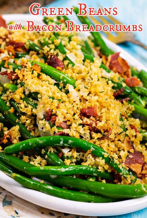 Green Beans with Bacon Breadcrumbs recipe Green Beans Bacon, Breadcrumbs Recipe, Boil Green Beans, Breadcrumb Topping, Beans With Bacon, Green Beans With Bacon, Thanksgiving Dinner Recipes, Easy Eat, Green Bean Recipes