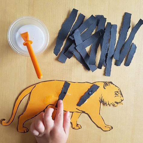 🐯 An invitation to give a tiger some stripes #earlyyearsideas #eyfsideas Preschool Tiger Activities, Animal Theme For Preschool, Safari Arts And Crafts, Tiger Who Came To Tea Activities, Jungle Activities For Toddlers, Tiger Crafts For Preschool, Tiger Activities, T Is For Tiger, Leopard Craft