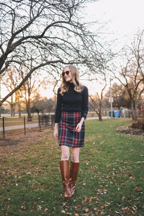 Tartan Mini Skirt Outfit, Scottish Skirt Outfit, Brown Riding Boots Outfit, Tartan Skirt Outfit, Talbots Outfits, Riding Boot Outfits, Tartan Clothing, Kelly In The City, Tartan Mini Skirt