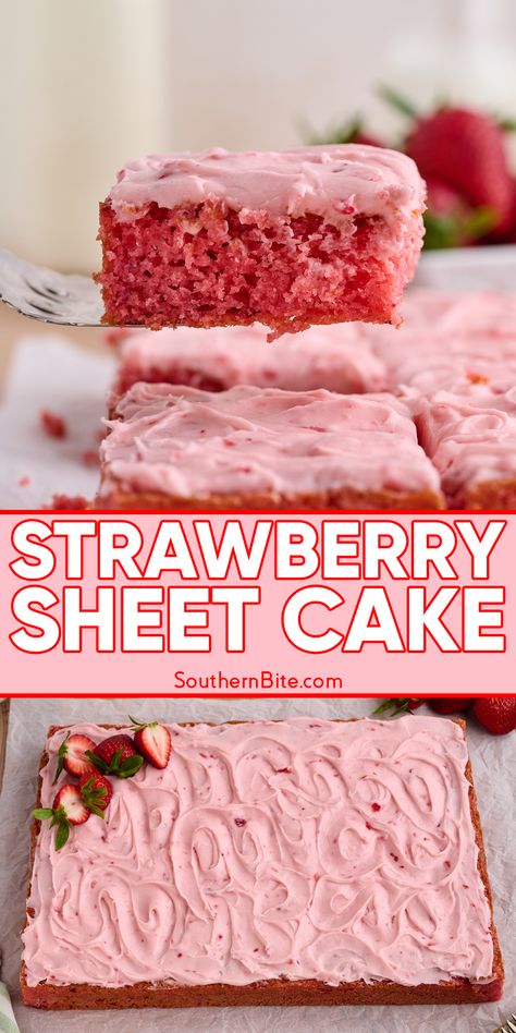 Best Strawberry Sheet Cake Paula Deen Strawberry Sheet Cake, Best Strawberry Sheet Cake, Fresh Strawberry Sheet Cake, Cake Jello Recipes, Strawberry Cake No Jello, Strawberry Cake Easy Recipe, Summer Strawberry Desserts Easy Recipes, Strawberry Texas Sheet Cake, Real Strawberry Cake