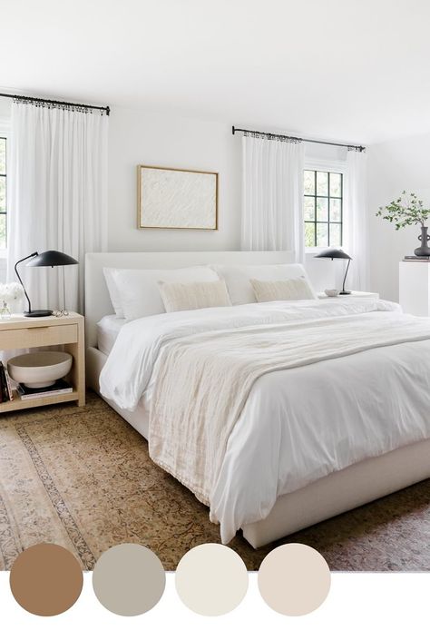 These 9 Serene Bedroom Color Palettes Feel Simultaneously Calm & Chic | Havenly Blog | Havenly Interior Design Blog Interior Design Bedroom Master Color Palettes, Calming Master Bedrooms Decor, Soft Neutral Bedroom, Soothing Bedroom Colors, Light And Airy Bedroom, Soothing Bedroom, Airy Bedroom, Timeless Color Palette, House Colours