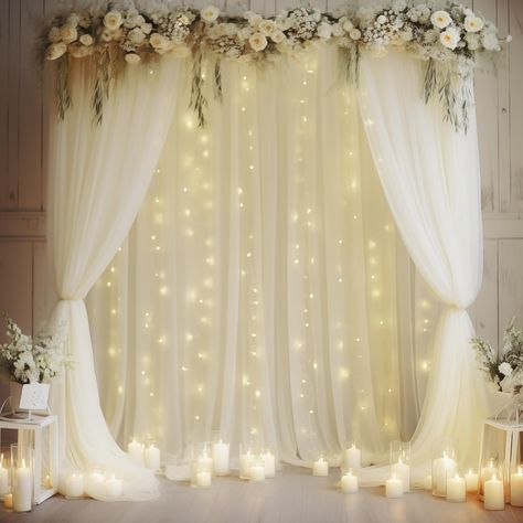 PRICES MAY VARY. Size: Package including 4 panels 5ft width by 10ft height ivory backdrop curtains with lights, a set of 9.8ft warm white string light and 24pcs Transparent clips. High quality ivory tulle fabric, collapsible without creases, Beautiful Sheer Drapes! Can be reused. If you want a thicker/fuller look, you would need more Dreamy Display: This wedding photo backdrop is perfect to create beautiful folds or leave it flowing loose onto the floor,add a very soft,beautiful,romantic touch t Wedding Arch For Indoor Wedding, Outdoor Wedding Curtains, Sage Green And White Decorations, Wedding Backdrop With Fairy Lights, Outside Quinceanera Ideas Simple, Wedding Altar Decoration, Hall Decorations For Wedding Receptions, Gold Ring Wedding Backdrop, Soft Wedding Decor