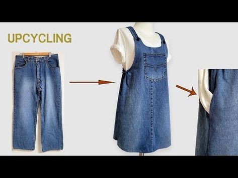 DIY Upcycling Jeans/청바지 리폼/원피스/Apron/청치마/Denim Dress/Reform Old Clothes/앞치마/옷만들기/skirt/Refashion - YouTube Jeans To Dress Diy, Skirt Diy Jeans, How To Make Overalls From Jeans Diy, Jeans Reciclados Ideas, Recycled Clothes Diy Upcycling, Recyclable Dress, Upcycling Jeans Ideas, Dress To Skirt Diy, Jean Recycle Ideas